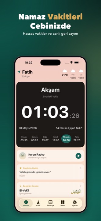 Ana ekran: sıradaki vakit ve geri sayım