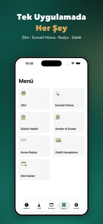 Menü: Kur'an, radyo, zikir ve diğer bölümler
